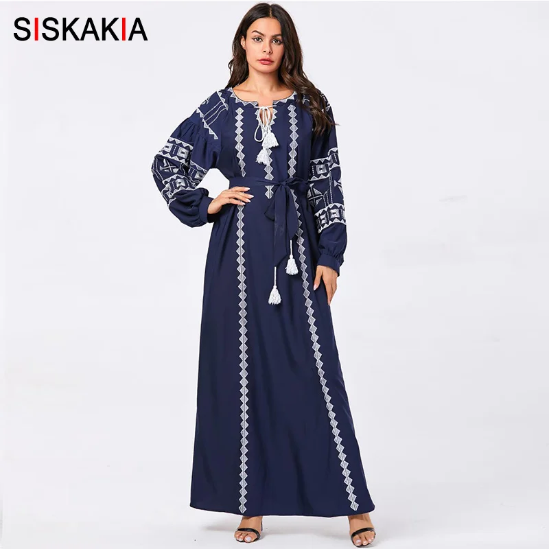 Siskakia, женское длинное платье размера плюс, этнические макси платья с геометрической вышивкой, мусульманские Арабские халаты с рукавом Бишоп, 4XL, осень