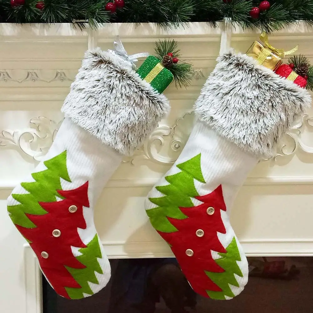 

Christmas Stockings Decoration Fluff Cuff Christmas Tree Printed Xmas Tree Hanging Ornament New Year Gift Bag Home Decoration