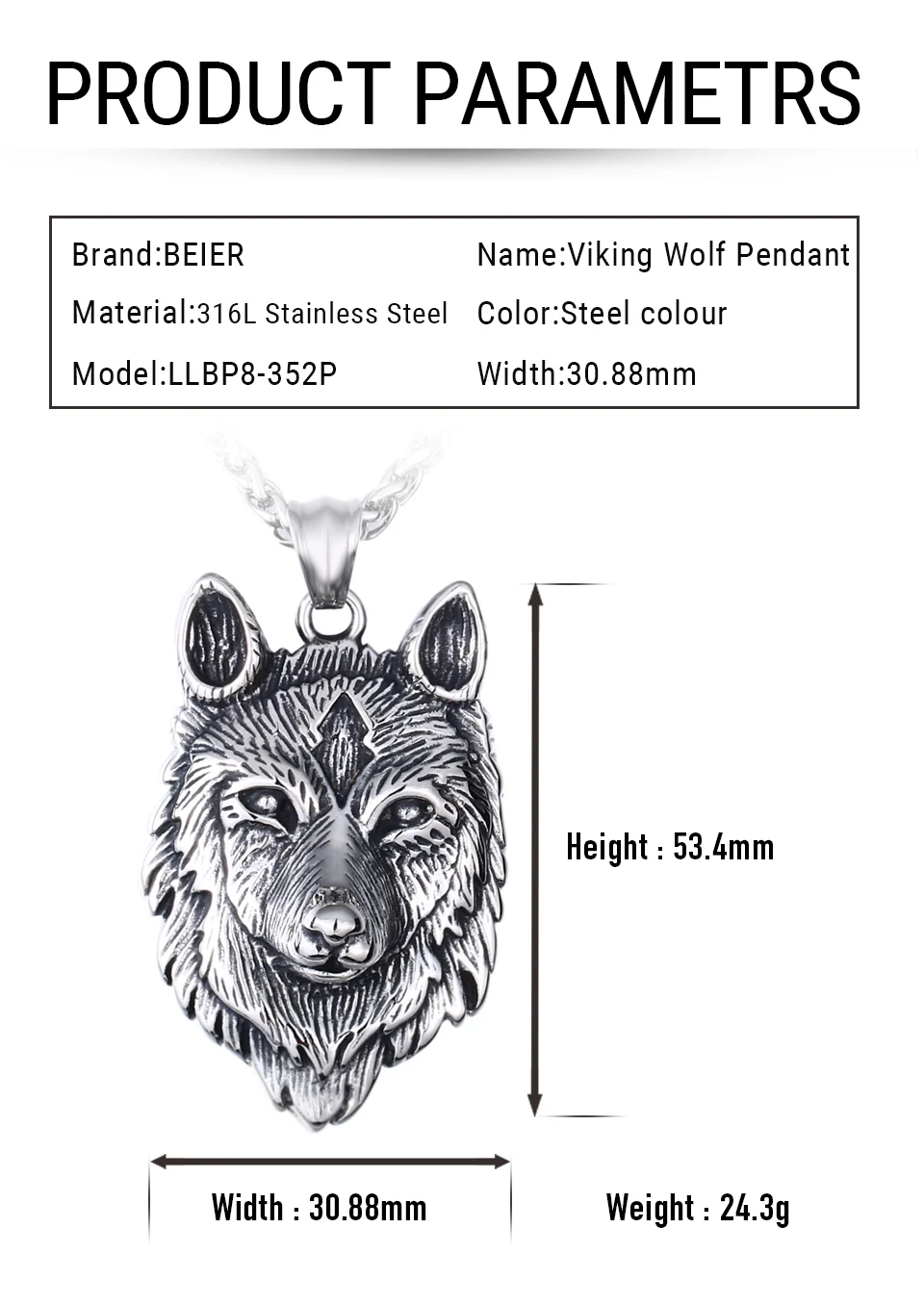 Beier 316L stainless steel Viking Wolf Head Pendant Necklace Classic Animal Punk highquality jewelry for dropshipping LLBP8-352P images - 6