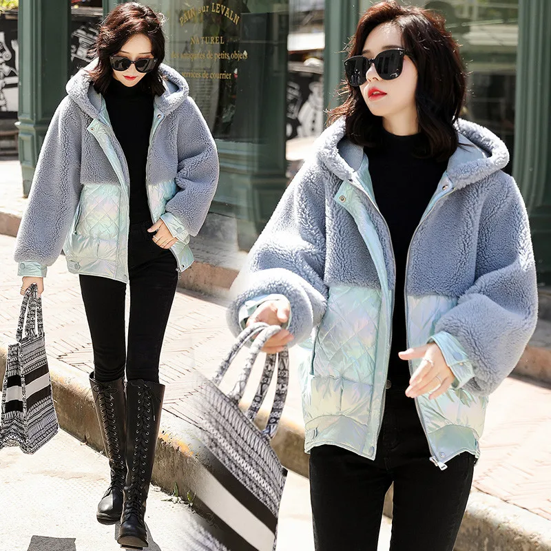 Winter Short Down Cotton Clothing Female New Korean Version The Pattern Lamb Fur One Outerwear Hooded Loose Warm Jacket 540