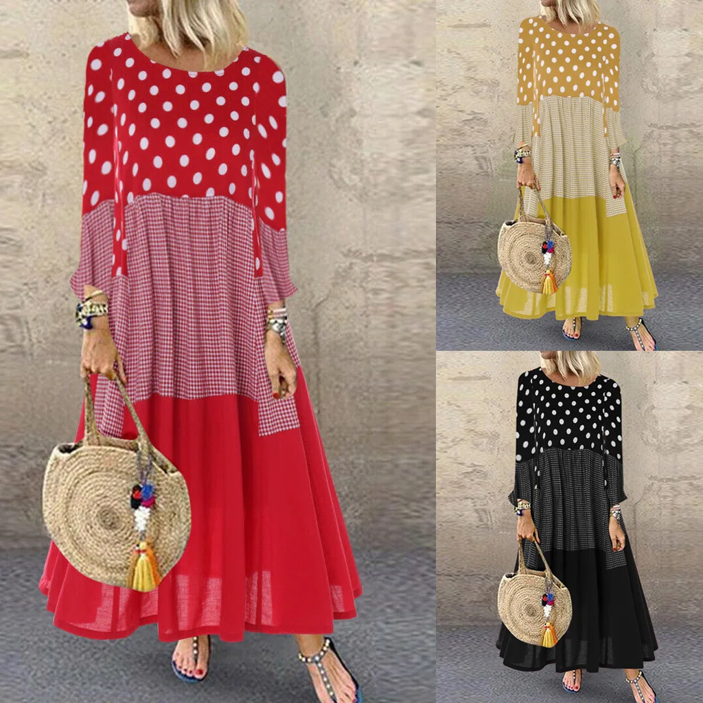 

2019 Europe And America Loose Polka Dot Joint Long Sleeve Crew Neck Women's Autumn Dress