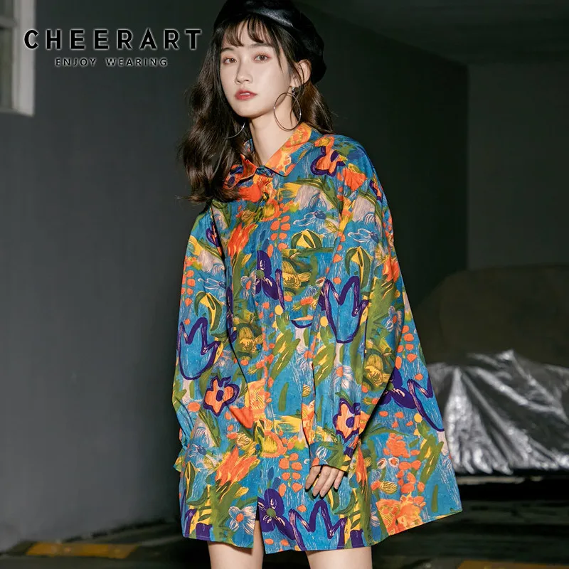 

CHEERART Plus Size Floral Blouse Long Sleeve Colorfull Collared Shirt Women Loose Green Tops And Blouses Spring 2020