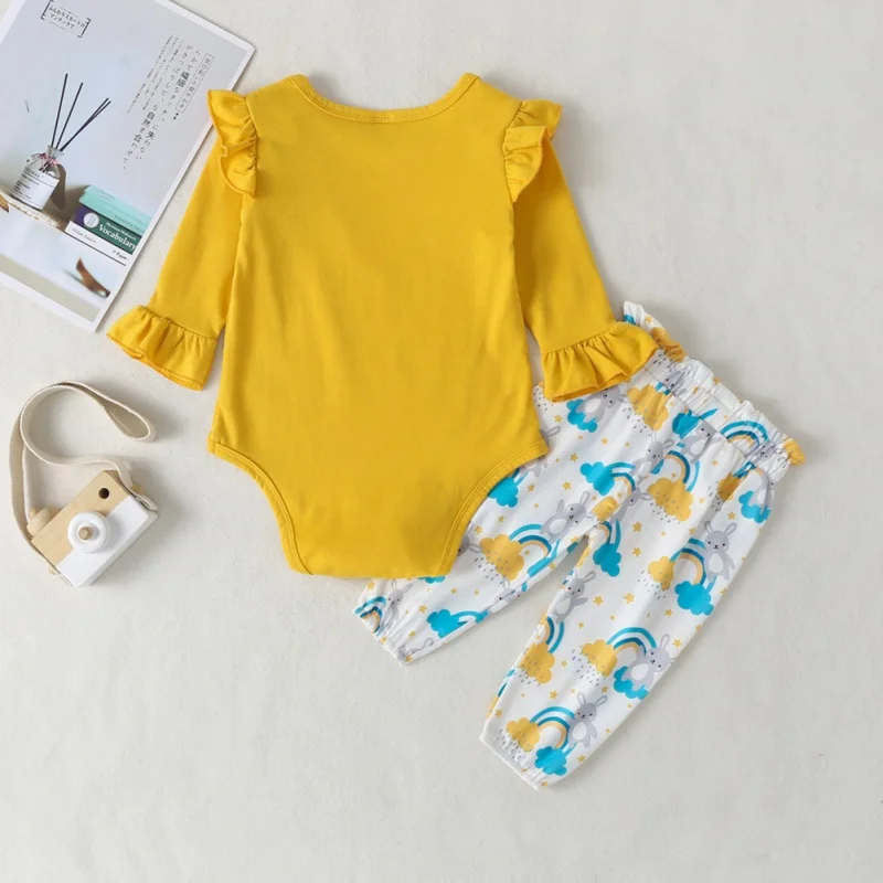 Новая одежда для мальчиков и девочек, боди с длинными рукавами и расклешенными рукавами, штаны с рисунком животных радуги на весну и осень