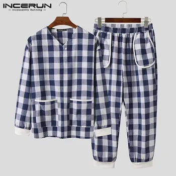 

Men Plaid Pajamas Sets Homewear Leisure Long SLeeve V Neck Nightwear Pockets Long Pants Cozy Mens Sleepwear Suits INCERUN S-5XL