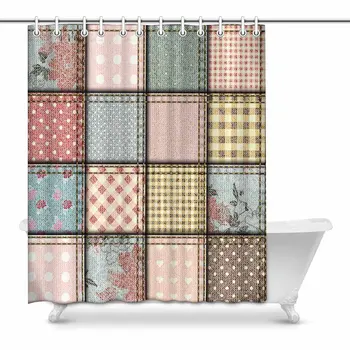 

Shabby Chic Patchwork with Polka Dots Flowers Plaid Waterproof Polyester Fabric Shower Curtain Bathroom Sets with Hooks Home