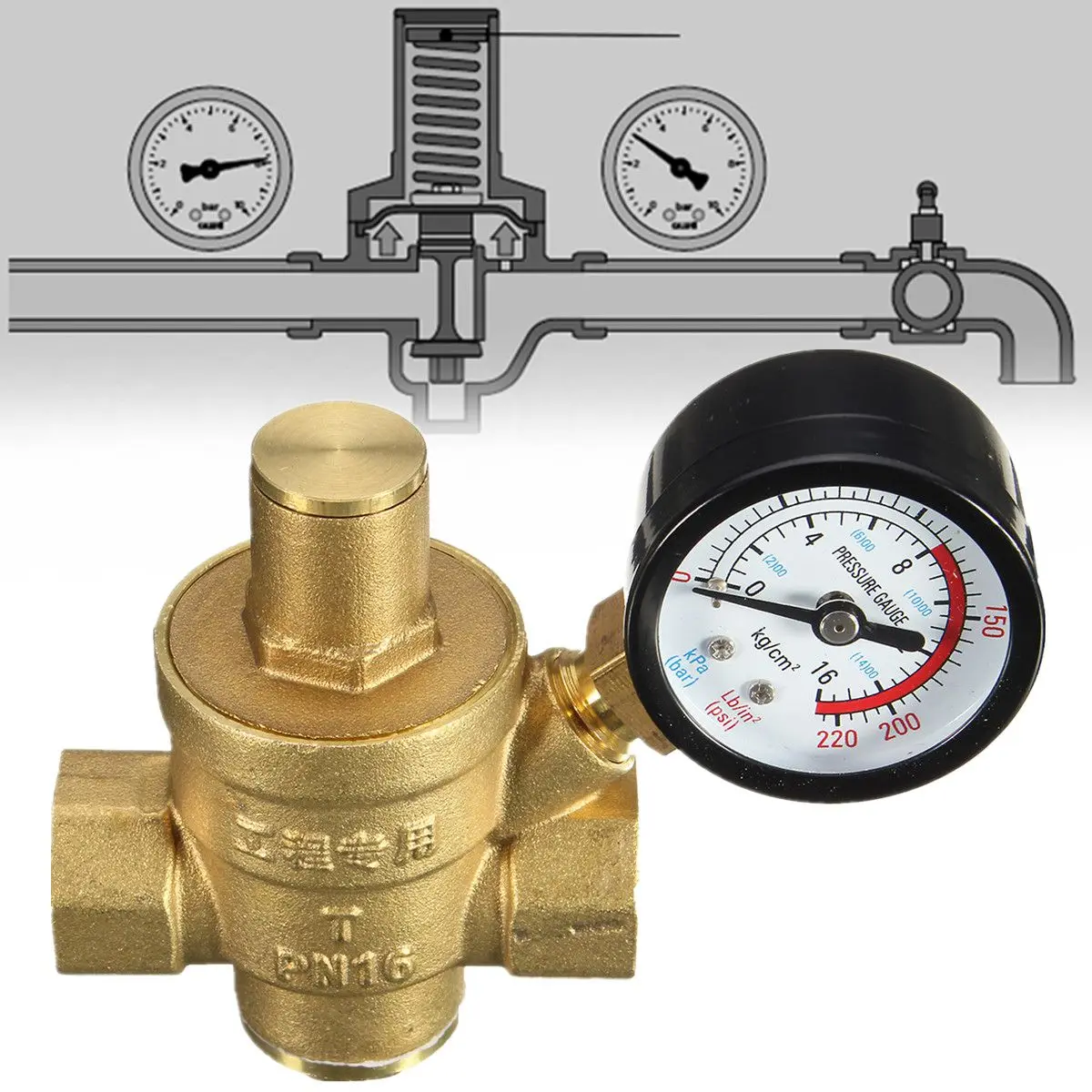 Регулируемый редуктор регулятора давления воды DN15 NPT 1/2 ''8,3x6,4 см с манометром, латунный измеритель давления воды PN 1,6 s