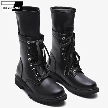 

Motorcycle Zipper Stretch Womens Leather Mid Calf Boots Hig Street British Lace Up Round Toe Thick Bottom Female Platform Boots