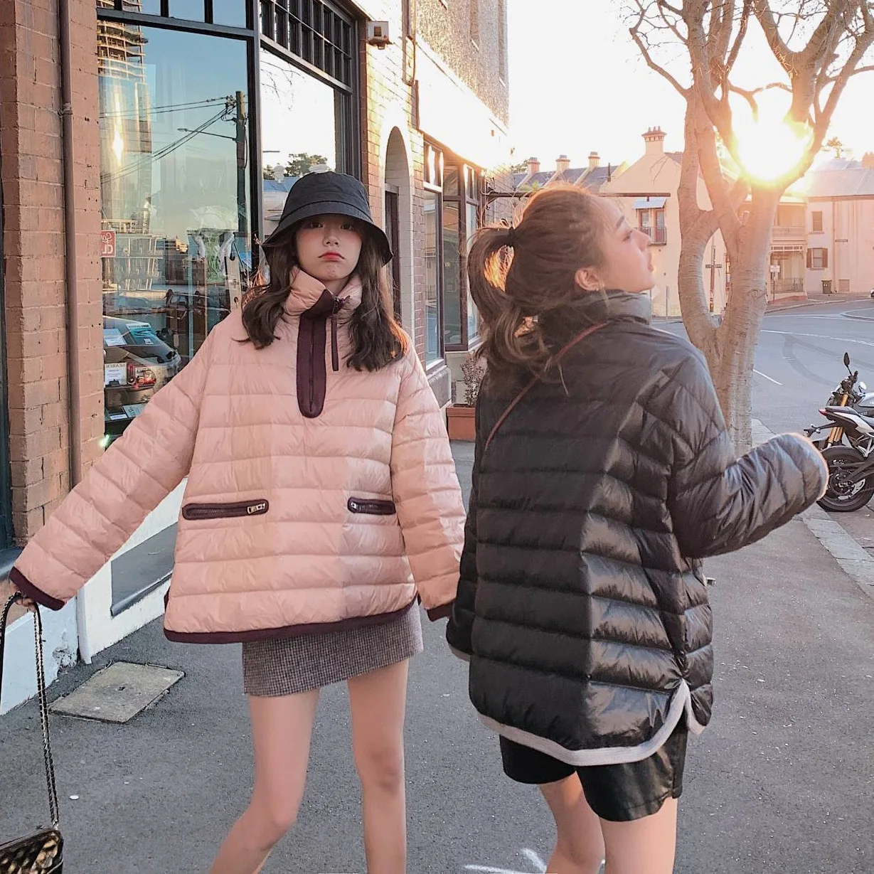 

Photo Shoot CHIC Vigorous GIRL'S Pink Contrast Color Binding Loose-Fit Handsome Stand Collar Pullover down Coat Cotton-padded Cl