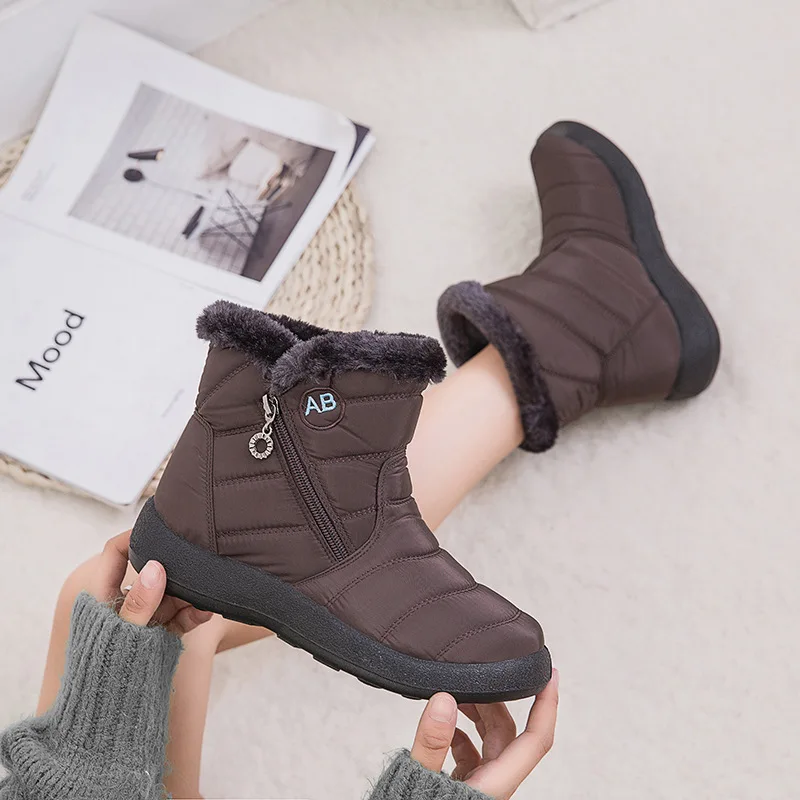Зимние женские ботинки; коллекция года; теплые плюшевые зимние ботинки; непромокаемые женские ботильоны на плоской подошве с боковой молнией; женские повседневные ботинки из хлопка