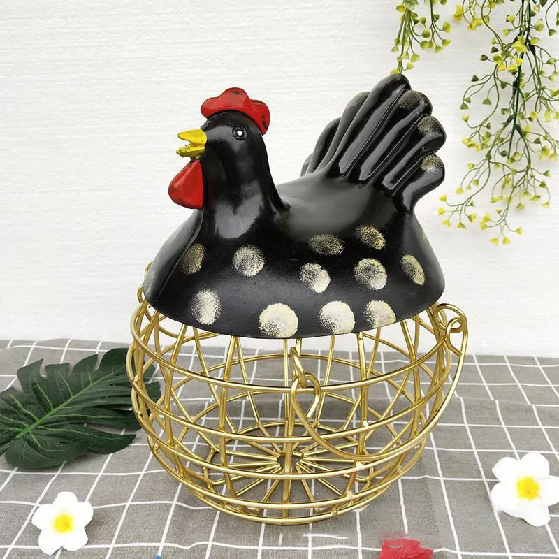 Металлическая корзина для хранения яиц и фруктов, керамическая с крышкой, большая емкость, сетчатая корзина для хлеба, украшение для курицы, органайзер, кухонная подарочная корзина - Цвет: Black1