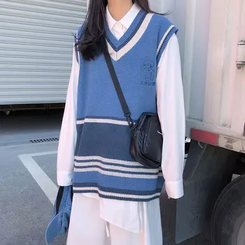 

2019 autumn and winter korean style v neck knitted cartoon sleeveless vest sweaters womens sweaters and pullovers womens (X1162)