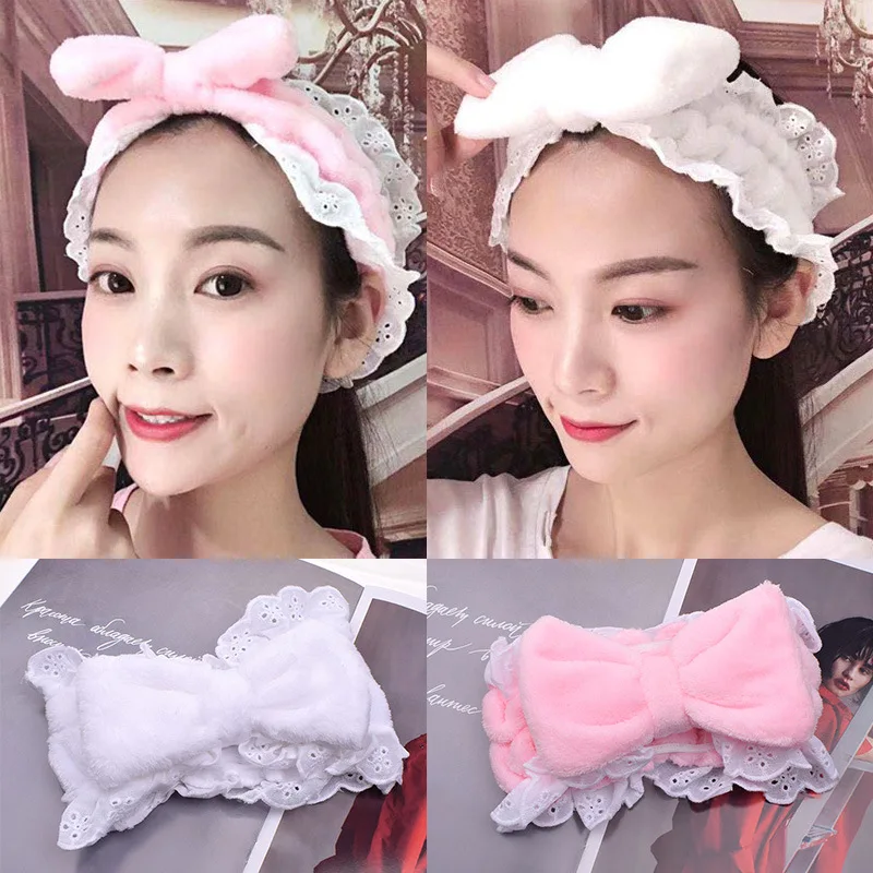 

Elastic Hair Bands DIY Wash Face Makeup Hairbands Cross Knotted Coral Fleece Soft Headband Big Bow Lace Fashion Hair Accessories