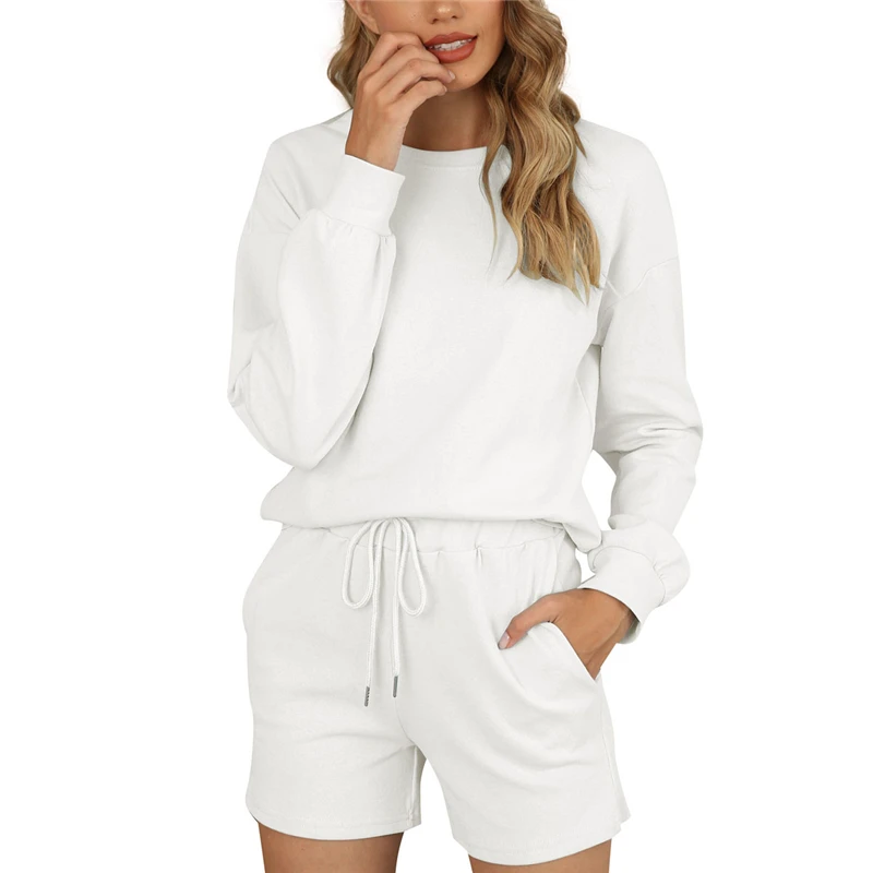 

2Pcs Women's Casual Home Solid Color Suit, Round Neck Long-sleeved Loose Top + Lace-up Mid-waist Shorts, Comfortable Sports Suit