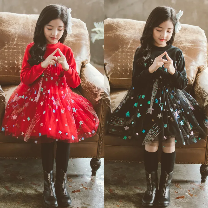 

Sequined Star Ball Gown Children Dresses For Teenage Girls Velvet Princess Dress Kids Mesh Patchwork Party Winter Autumn Dresses