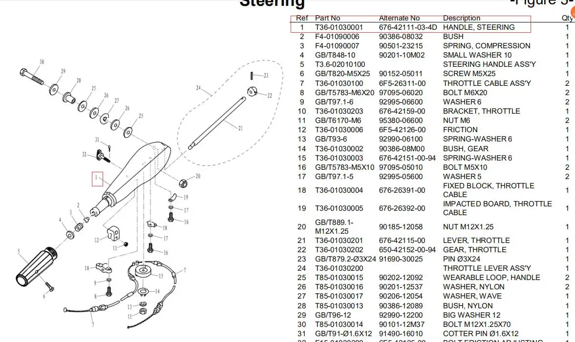 676-42111 Steering Handle For Yamaha Outboard Motor 2T 40HP E40J 40G Parsun Makara T36-01030001; 676-42111-03 