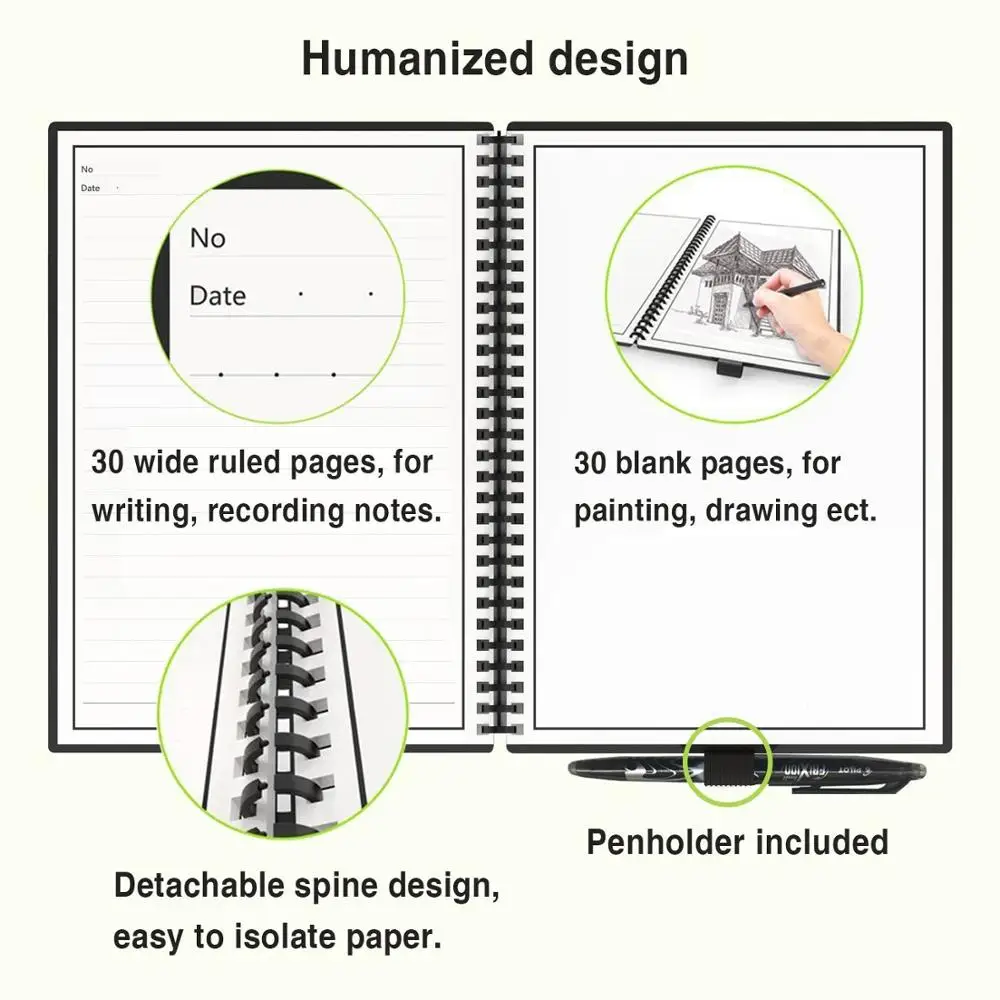 

reutilisable A5 Erasable Notebook Leather Reusable Smart Wirebound Notebook Cloud Storage Flash Storage