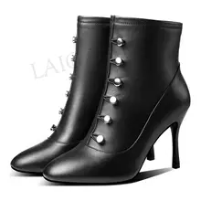 LAIGZEM Real LEATHER Women Boots Heels Short Boots Side Zip Winter Ladies Shoes Woman Zapatos Botines Mujer Size 37 38 39