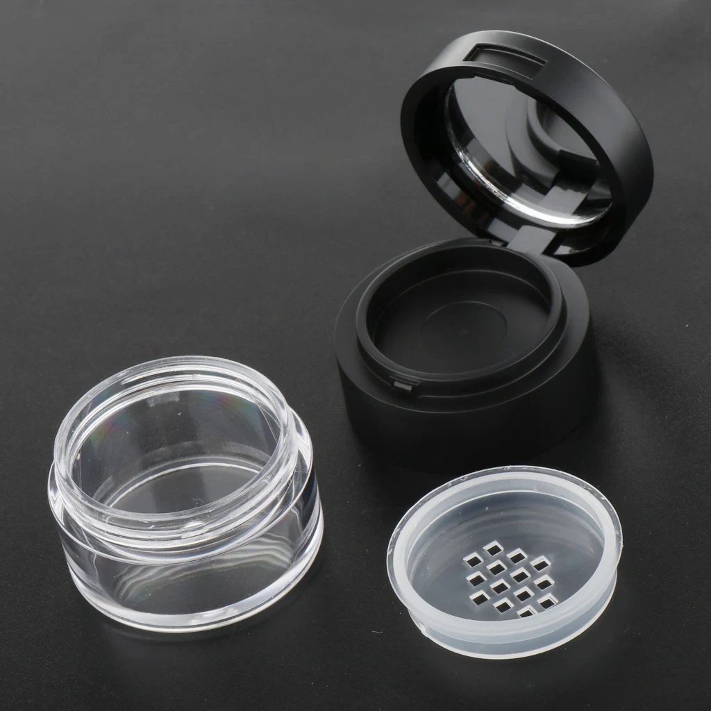 3G Mini Empty Makeup Loose Powder Case Travel Round Plastic Blush Glitters Container Jar Box with Sifter & Mirror Black 