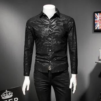 

Animal Pattern Shirt Men Long Sleeve Casual Slim Fit Social Black Shirts