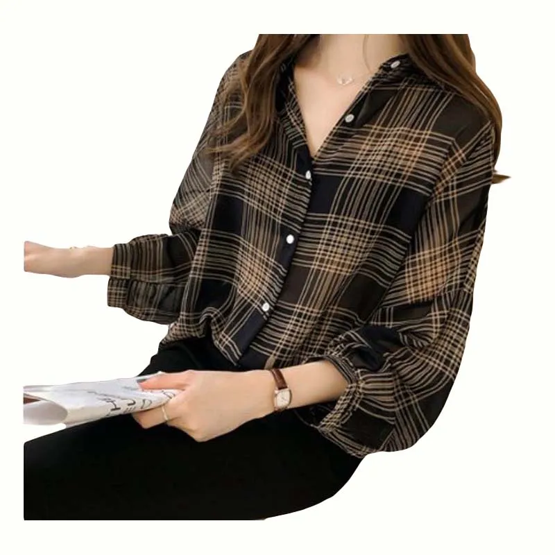 

Flying ROC blusas mujer de moda 2019 long sleeve loose plaid blouse women hot sale new fashion womens tops and blouses