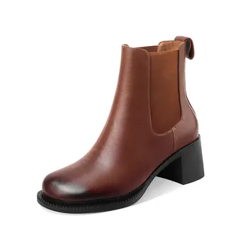 

100% cow leather thick high Heels ladies ankle boots Women's Boots rouned Toe elastic band Working Night Club Shoes Woman