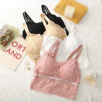 

Women Fashion Wireless Bra Padded Bralette Deep V Lace Bras Summer Crop Top Embroidery Floral Lace ribbon chest pad Tank Top