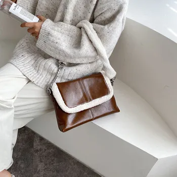 

Riezman Women Bag Fall Winter New Cashmere Shoulder Bag Chain Oil Wax Bright Leather Shoulder Crossbody Bag Womens Bags Handbags