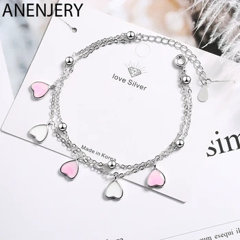 

ANENJERY Sweet Silver Color Pink Glaze Cherry Blossom Petals Gradient Heart Shaped Double Layer Chain Bracelets S-B262