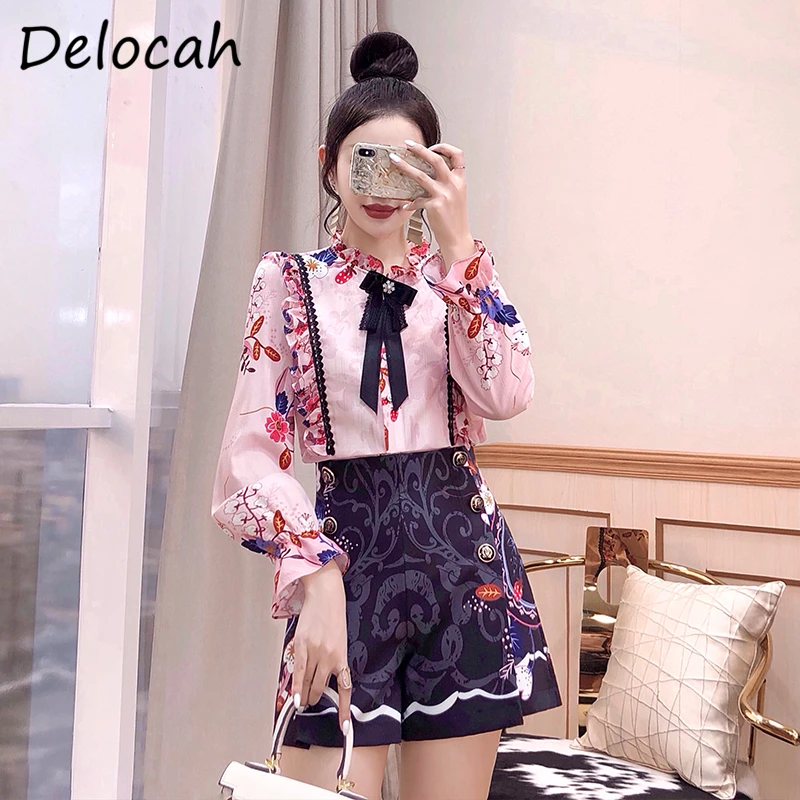 

Delocah Women Fashion Autumn Runway Shorts Sets Bow Flare Sleeve Ruffles Blouses + High Waist Printed Shorts 2 Two Pieces Suits