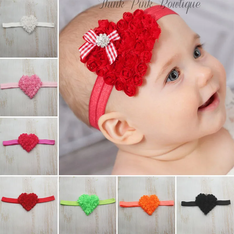2pcs/lot Infant Baby Girls Headbands Chiffon Rose Heart Applique for Kids Hair Accessories Children Elastic Bands |