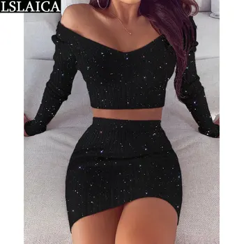 

Black two piece set top and skirts long sleeve V-neck sexy glitter off shoulder womens two piece sets casual women sets clothes