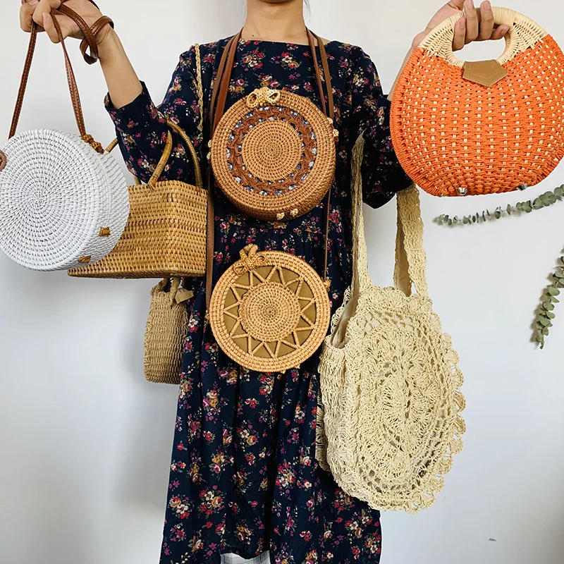  Round Women's Summer Beach Straw Bags Handmade Woven Small Rattan Circle Cross Body Shoulder Bohemi - 4000049320337