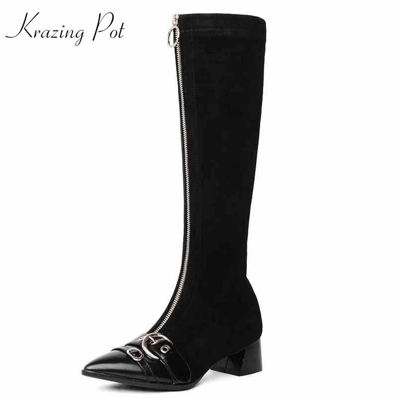 Krazing pot/Новое поступление; Теплые Зимние ботфорты из натуральной кожи на среднем каблуке и молнии с острым носком и металлическими застежками; высокое качество; l18