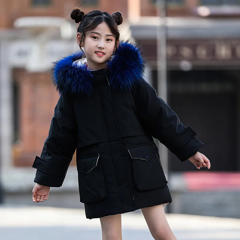 30 градусов, зимняя парка для девочек, пальто детская теплая верхняя одежда с меховым воротником и капюшоном Детские пуховые пальто для девочек от 6 до 14 лет - Цвет: Черный