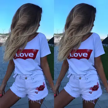 

Refreshing Summer Solid Color LOVE Printed Round Neck Short Sleeve T-shirt Women