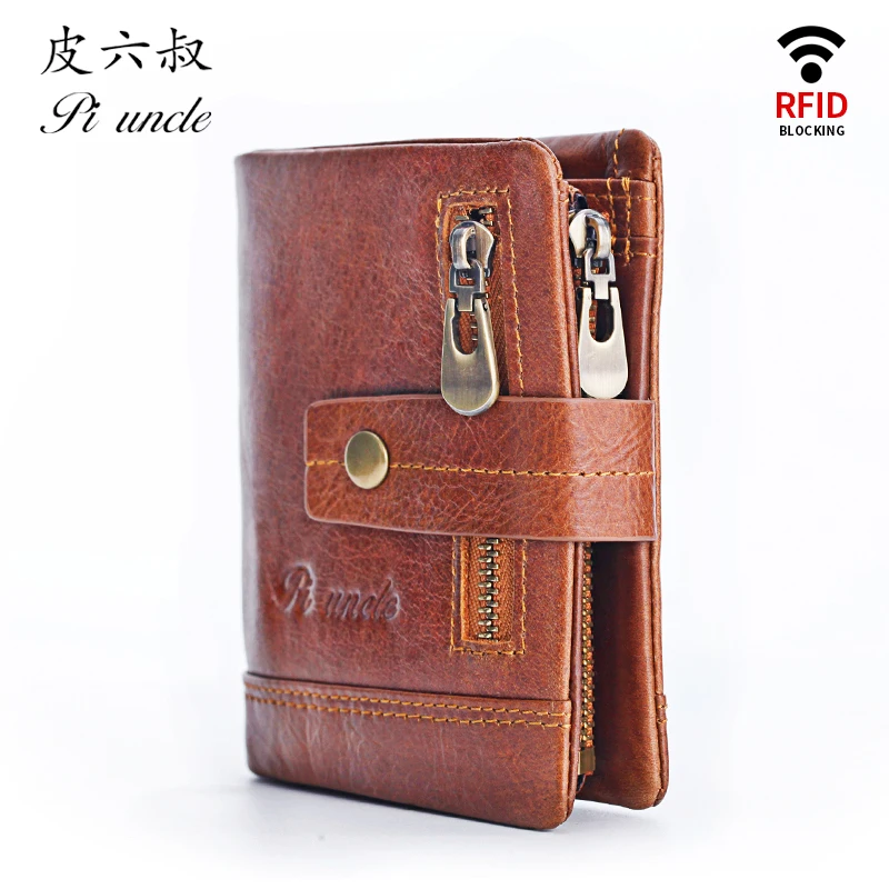 Piuncle Brand Mens Thin Leather Wallets For Money And Cards Male Purse Coin Pocket Zipper Rfid Protection Sleeve Sim Card New - Цвет: Brown