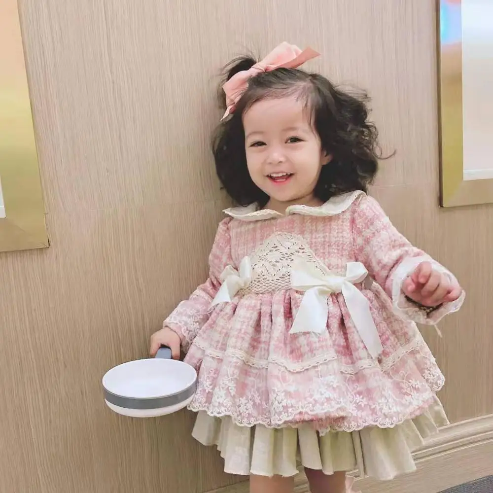 3PCS Autumn Winter Pink Spanish Lolita Style Princess Party Dress For Bady Girls Long Sleeve Plaid Ball Gown Chlidrens | Детская одежда