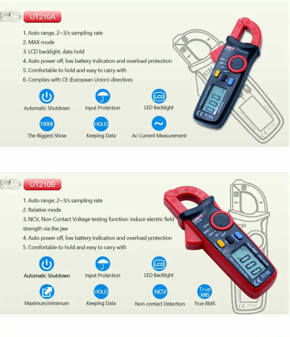 Цифровой клещи UNI-T UT210A/B/C/D/E AC/DC измеритель напряжения тока True RMS Авто Диапазон VFC емкость Бесконтактный мультиметр