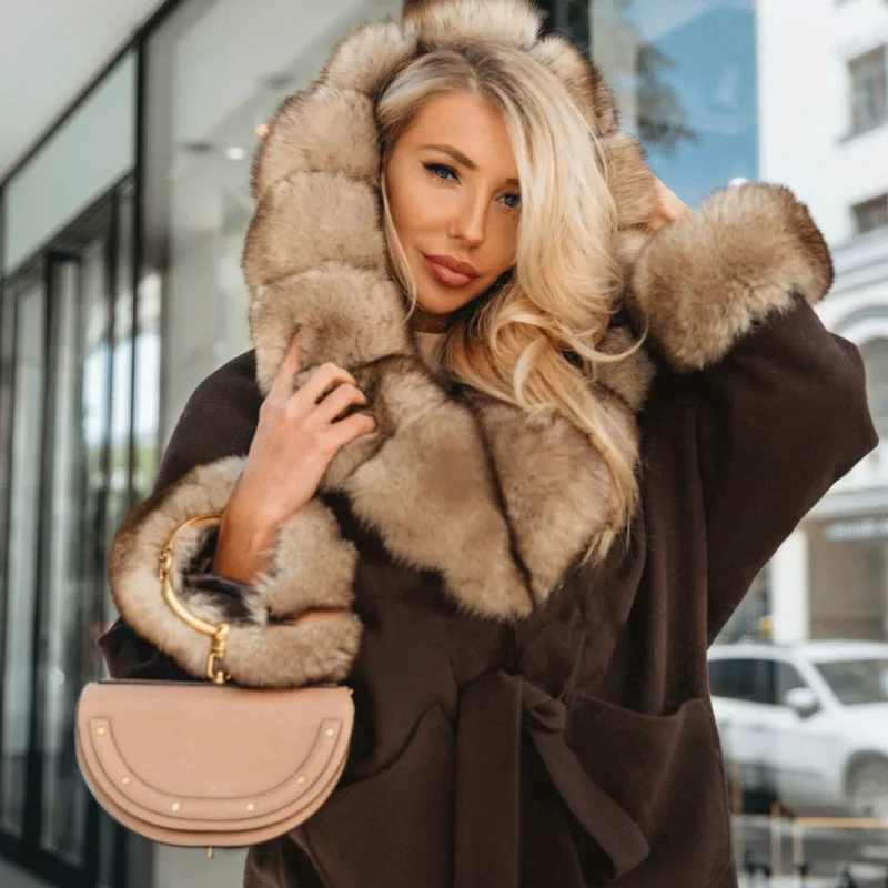 FURSARCAR 2021 Brand New Real Fox Fur Street Coat Natural Fur Jacket Top Fashion Female Slim Thick Warm Winter Luxury Overcoat