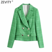 Zevity Nieuwe Vrouwen Engeland Stijl Double Breasted Groen Tweed Wollen Blazer Jas Vintage Vrouwelijke Lange Mouwen Chic Suits Tops CT695