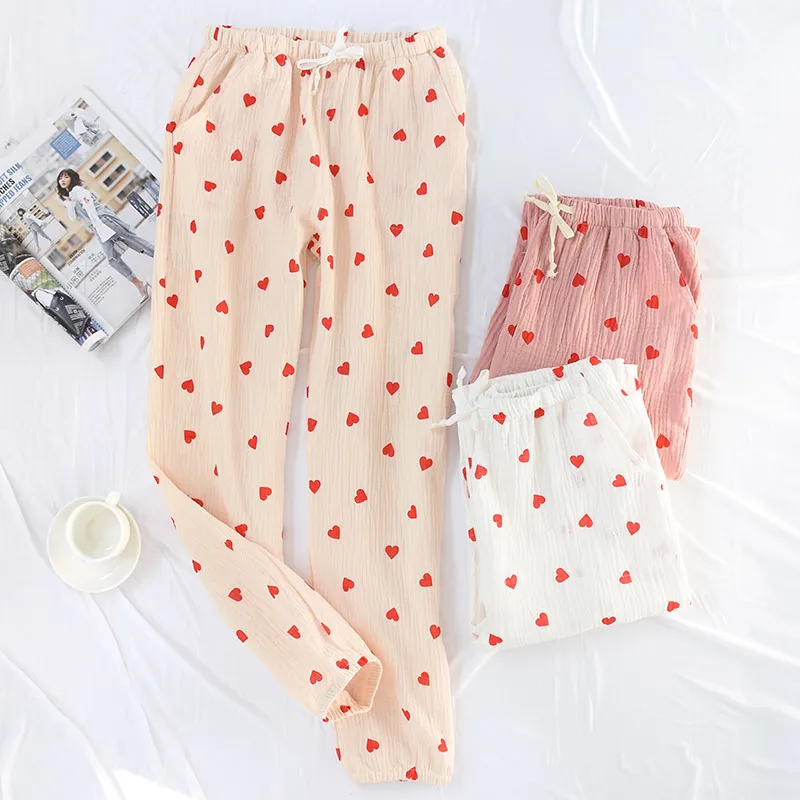 Spring and Summer Women's Home Pants Women Cotton Double Gauze Thin Sleep Pants Sleep Bottoms Casual Red hearts Printing Pyjamas