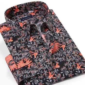 

Mens Beach Floral Printed Holiday Casual Cotton Shirt Pocket-less Design Long Sleeve Standard-fit Flowers Hawaiian Blouse Shirts