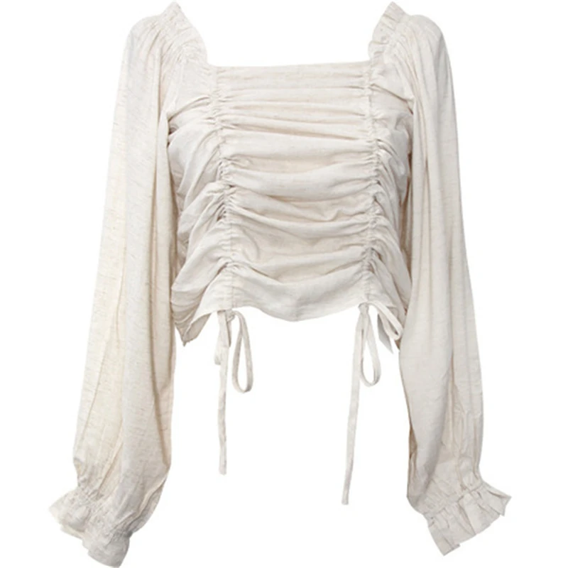 

Vintage Square Neck Lantern Sleeve Blouse Shirt Women Ruched Pleated Short Blouses Streetwear Elastic Crop Top 2020