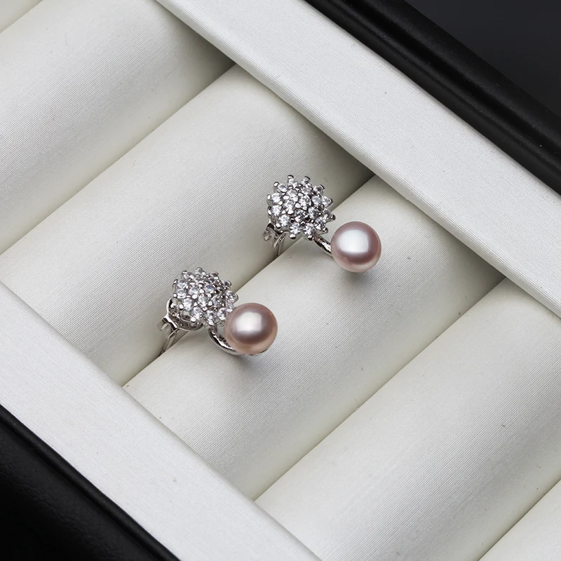 Women Earrings 925 Silver Fine Jewelry,Real Natural Freshwater White Pink Pearl Earrings Anniversary Party Gift 