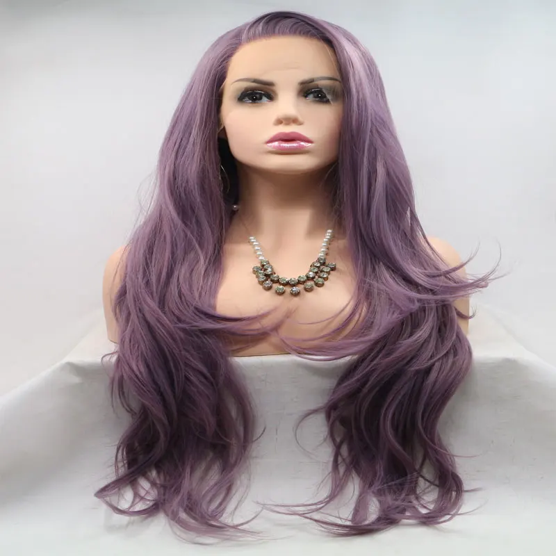 Mix Lavender Purple Long Natural Body Wave Synthetic Lace Front Wigs Heat Resistant Fiber Natural Hairline For Women Wigs - Цвет: Золото