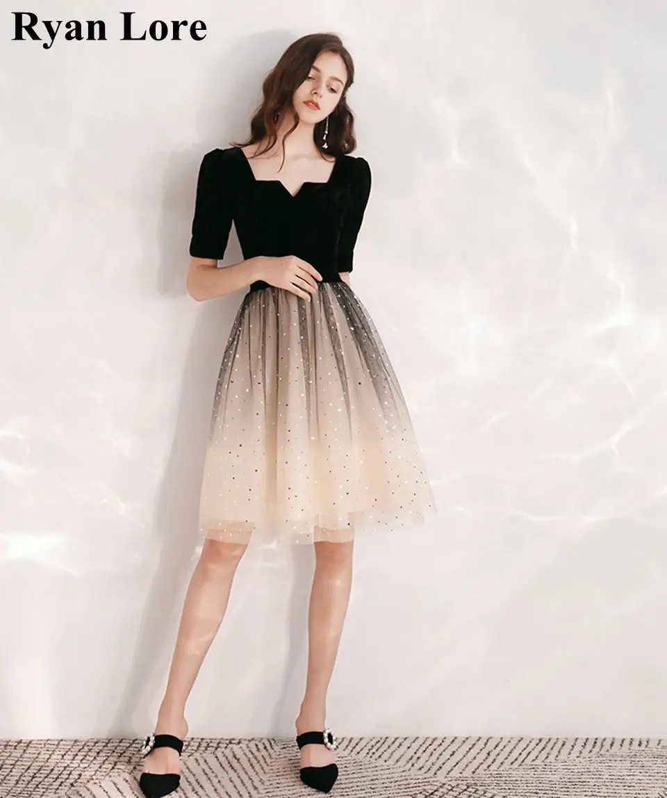 

2020 Black Gradient Short Prom Dresses Elegant Short Sleeves Cocktail Dress Women Party Night Formal Vestidos Graduation Gowns