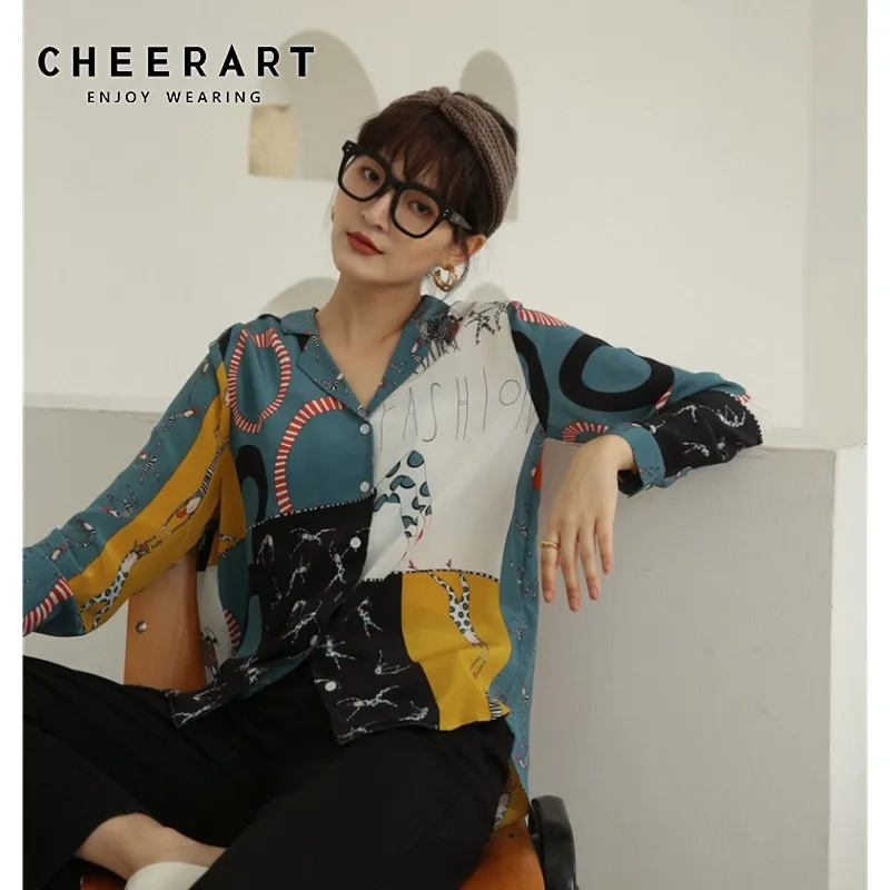 Cheerart шелковая атласная блузка женская рубашка с длинными рукавами и отворотом, v-образный вырез, цветная блуза с блочным блоком, рубашка на пуговицах для женщин, осень