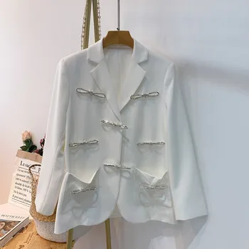 

Office Lady White Blazer 2020 Autumn Crystal Bows Beading Women Loose Long Blazer Jacket and Coat Female Suit Outerwear