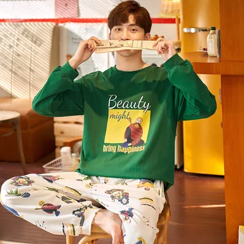 

Male Pajamas Set Cartoon Long Sleeved Sleep Clothing Winter Sleepwear Cotton Nightwear Men Nighty Casual O Neck Fashion