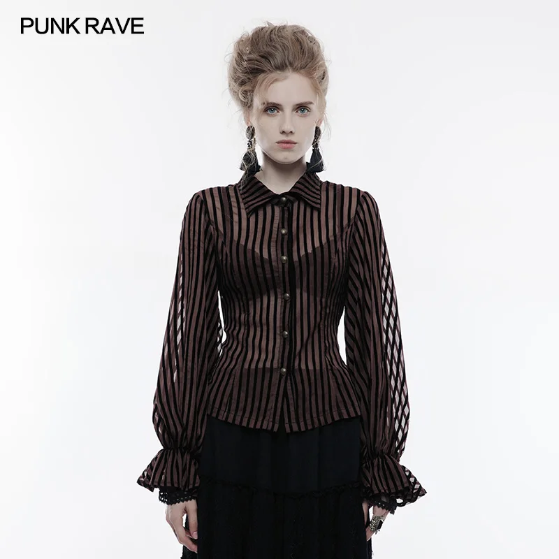 

Punk Rave Steampunk Transparent Striped Shirt Top Blouse Vintage Victorian Collared Party Clothing Women Tops